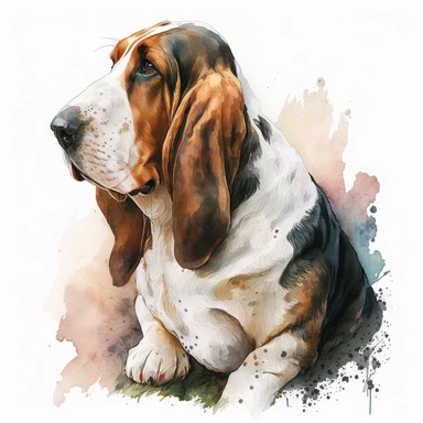 a watercolor painting of a Basset Hound, clipart, white background