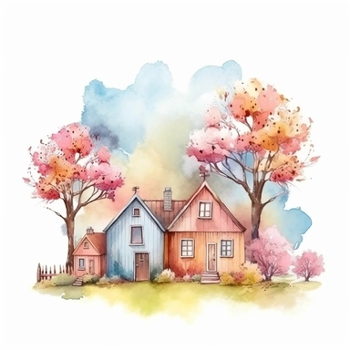 vector clipart, isolated on white background, beautiful lovely Watercolor Spring Villages, cute little houses and chestnut trees, ornated, pastel colors