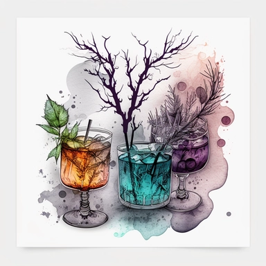 art, moody halloween colors, pencil sketch illustration of winter cocktails, tree branches, boho art, watercolor illustration, Kazuo Kasai, Vincent van Gogh, sticker art, clip art, hyper realistic, clean art, clear borders, grunge, isolated art on white rough texture background