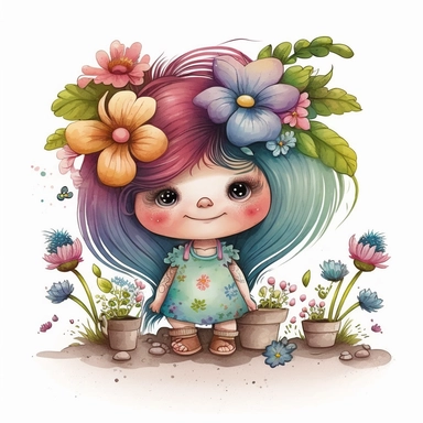 watercolour cute hairdresser style pink little troll girl, summer troll character at the seaside, whimsical, adorable, cute, flowers, full image, big cute adorable eyes, Clipart style, white background