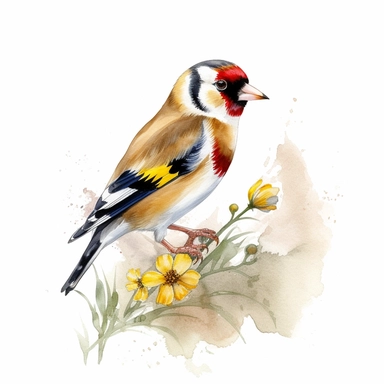 An endearing watercolor European goldfinch bird clipart of European goldfinch bird playing with elements 300DPI