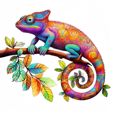 chameleon, clipart, detailed, curled tail, on a branch, clean lines, vibrant, white background