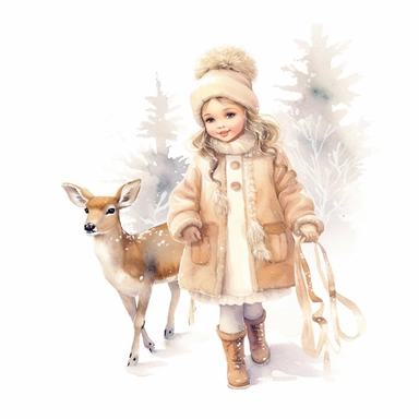 Christmas mood, winter, victorian vintage adorable little girl with deer, full body, pastel beige colors, clipart style, watercolor technique, super high quality, professional watercolor clipart, high resolution