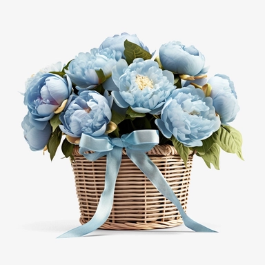 Watercolour realistic pastel blue peonies in wooden wicker basket with delicate ribbon bow wrapped around it intricately realistically detailed pastel blue peonies, PNG image,transparent background ,ultra highly detailed, 18k, sharp focus, bright photo with vibrant colours, digitally enhanced,photographic, enhanced graphics, png format, straight, sharp focus, bright lighting, intricate detailed png image ,high definition,300dpi,graphic clipart,computer graphics