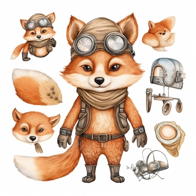 Wood Animals, Pilot Clipart, Aviator Clipart, cute sweet Fox Illustrations