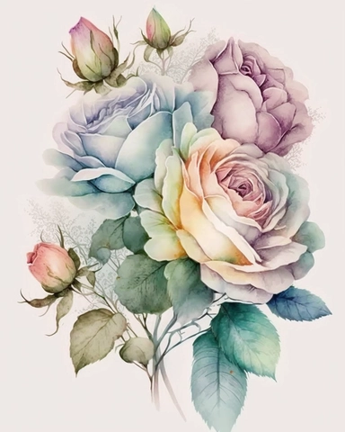 soft colorful pastel colored rose bouquet clipart, soft and subtle, colorful fairy pastel colors watercolor style, fawncore, pastel roses only, dreamy pastel colors, muted pastel colors, plain white background, use of fabric, excellent depth of shading in soft watercolor style, watercolor artwork, plain white background for transparent editing