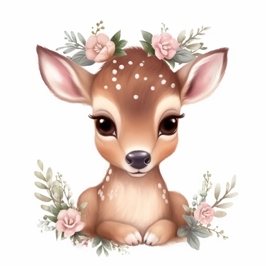 Only image. Create a charming and adorable cute baby deer clipart in hyper realistic style against a white background. It should feature a playful and whimsical representation of a baby deer , with exaggerated features such as large ears, set against a clean and simple white background, with the focus on the seal expressive face . deer should have fluffy lovely fur that is smooth and colorfull wreath on the head. It should be girl. It should Look young and cute, fur color should be in HDR. face 
