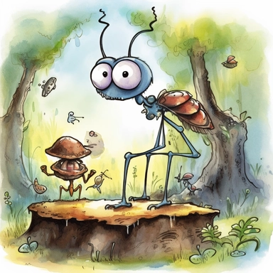 a humanoid looking Ant in water colour in the style of clip art, with big blue eyes lifting food, with humanoid features in the forest under a tree near his ant hill, ants in the background talking and singing