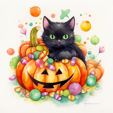 a large Halloween pumpkin, pumpkin is filled with colorful wrapped candies, lollipops, and candy corn, inside the pumpkin is a cute little black kitten with big green eyes, scattered candy is laying flat around the pumpkin, Halloween colors, magic, fantasy, watercolor, clipart style, white background with margins