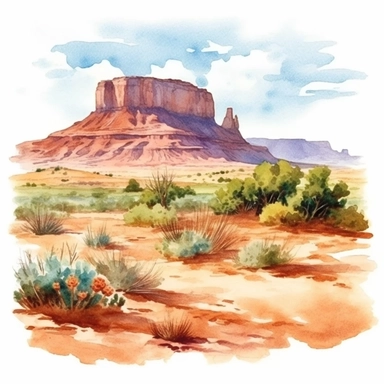 Hyperrealistic watercolor mesa and butte clipart in desert with some small shrubs in sight
