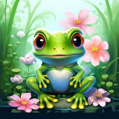 a emerald happy frog , a pink happy frog and flowers cartoon clip art free, in the style of large canvas paintings, adrianus eversen, nicoletta ceccoli, uhd image, embroidery, lisa frank, emerald and blue,