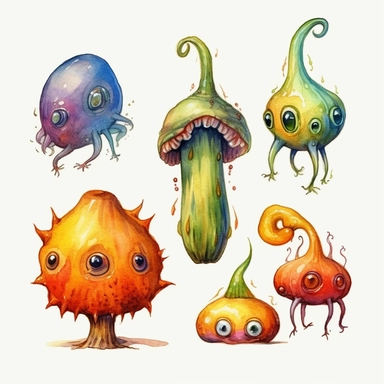 Cliparts separate alien strange--2 alien fruits watercolor,from an other planet wierd--2, no background, high definition a lot of detail