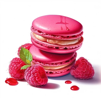 incredible detailed acrylic art macaron with raspberries clipart, hyperrealism, clear picture in high resolution, highlights , white background, appetizing, clear and contrast image, reflections, very detailed drawing, menu illustration, realism, high quality, lighting like in a photo studio, advertising, hd