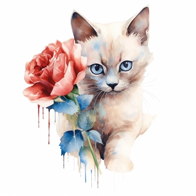 Sokoke Cat holding flower, watercolor, sharp illustration clipart, insane detail, white background