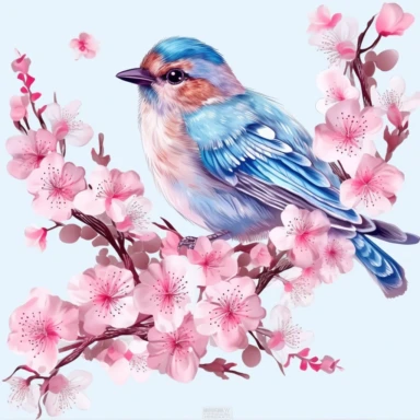 bird with pink blossoms, a cherry blossom flower white background png clipart, in the style of optical illusion paintings, sopheap pich, yuumei, aerial view, islamic calligraphy, catherine nolin, dark white and sky-blue
