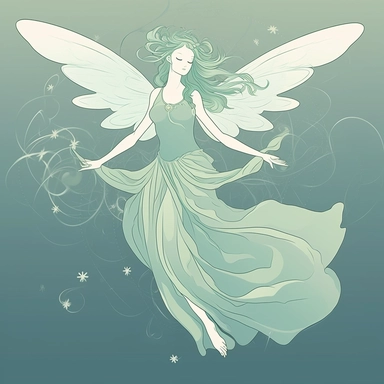 Create a cartoon-style clipart of a gossamer sylph gracefully suspended in mid-air, as if she were being kissed by the sky itself. Her delicate, gauzy wings should be visible, along with her flowing hair and ethereal gown. Use a high-contrast background to make the figure pop, such as pure white or deep black. The overall effect should be whimsical and airy, as if the viewer is catching a glimpse of a mystical creature from a storybook.