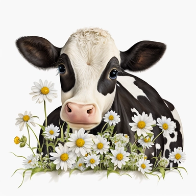 Dairy Cow Clipart with Daisy Flowers, white background