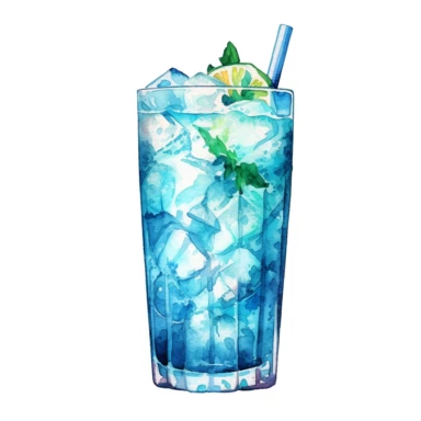 a watercolor clipart of an iced water in a glass, white background