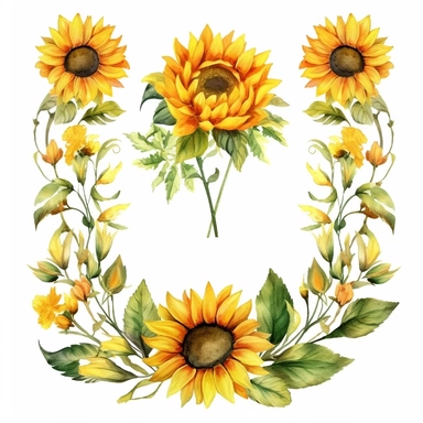 Create a collection of digital watercolor clipart featuring sunflower borders in various shapes, isolated on a white background. The sunflowers should be intricately designed, showcasing a harmonious blend of vibrant yellow petals, deep brown centers, and green leaves. Design the borders in different shapes such as circles, squares, rectangles, and ovals, with sunflowers arranged along the edges to create a visually appealing frame. Ensure that the sunflower borders are easily distinguishable fr