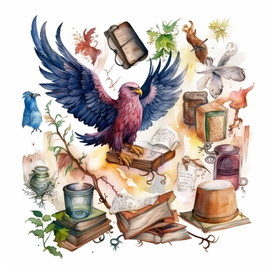 Visualize an open book clipart with watercolor illustrations of mythical creatures and magical objects, such as griffins, spellbooks, and enchanted artifacts, evoking a sense of mystery and fascination on a white background.
