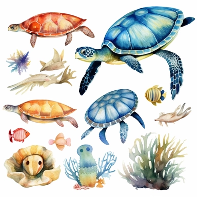 25 Watercolor Sea Turtle Clipart, cute nautical ocean animals, sea turtles, seaweed, and fish in watercolor style