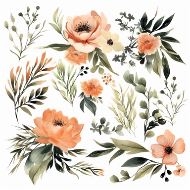 peach and olive Floral Clipart - Watercolor Floral Clipart - floral- Floral Clipart - peach and dark olive- Premade Clipart - Wedding Clipart
