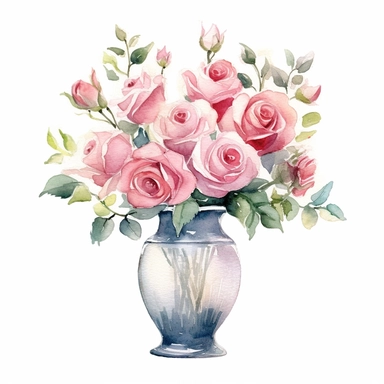 watercolor 30 tiny pink Roses in a Glass Vase clipart