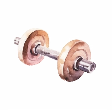 an aesthetic watercolor sticker of a dumbbell. Watercolor. Clipart. Faded beige color palette. White background. Artistic illustration. Minimal. Hand-drawn.