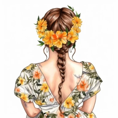 A Watercolor woman, upper body, back view, White fabric leaves flowers Marigolds decorate hair, wedding dress with flowers Marigolds and leaves adorning her hair. hair up with flowers Marigolds vividly bold designs png Full body realistic cartoon in 32K UHD cute. 15 cm thick outline. There was no shadow on the ground. 8k with realistic watercolors. and detailed illustrations. PNG, clipart, hd, on white background, spaced out