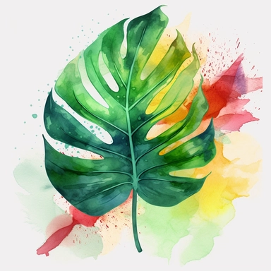leave, lovely looking, tropical, vibrant colors, include green, summer vibe, 4k, professional sketch, water colors, clipart, solid background