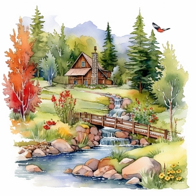 watercolor clipart painting of a Colorado mountain landscape, with evergreen pine trees, pinecones and sage green trees, with some yellow aspen trees and white birch trees, log cabin in the wood with smoke coming out of the chimney. there is a little bridge over the blue and green stream with rocks and lily pads in the babbling brook, a red cardinal and some hummingbirds, butterfly and dragonfly, a dusk sky with a moon and a few stars, hd, magical and whimsical illustration with a little gold gl