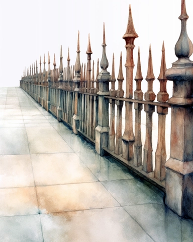 detailed watercolor fencing on concrete floor, wide angle, long shot, realistic, isolated on white background, clipart