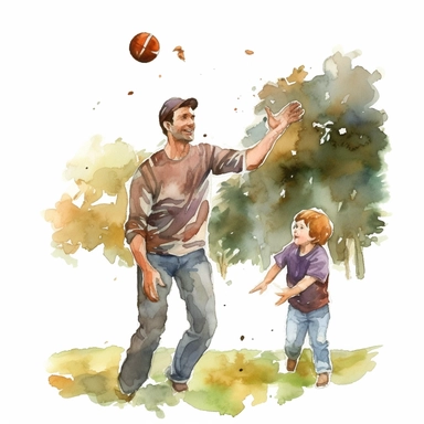 A father and son playing catch with a baseball or football, Watercolor, Clipart, transparent background PNG