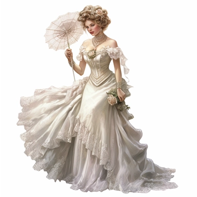 A Victorian lady in an ethereal ivory gown, adorned with intricate lace appliques and delicate pearl embellishments. Her serene expression and poised demeanor radiate timeless beauty. Against a white background, every aspect of her Victorian attire, from the flowing fabric to the ornate headpiece, is depicted with meticulous detail and lifelike precision. Clipart, watercolor, white background, intricate detail, unreal engine cinematic smooth