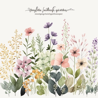Watercolor Flower Clipart Floral Border Wild flower, straight border, no curve, light pastel flower color, beige flower, pink flower, flower field, light green, light pink, light purple, light orange, white background, lots of flowers, wild flowers, no text, no caption, bright white background
