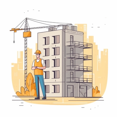 simple clip art of a builder in a hard hat constructing a tiny apartment complex