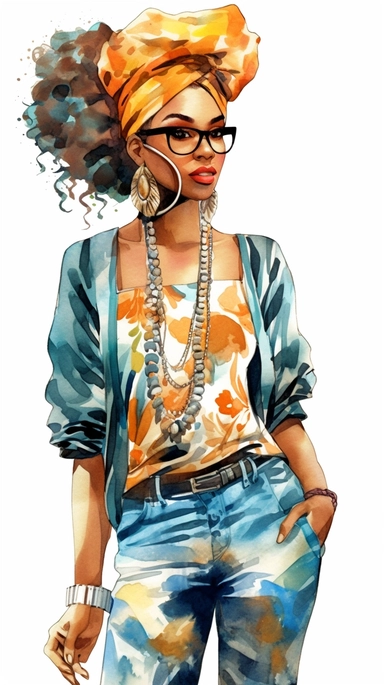 A vibrant watercolor illustration featuring an African American girl with a unique sense of beauty and style. Her hair is depicted with intricate textures and patterns, showcasing her natural beauty. The girl is shown in a fashionable outfit, exuding confidence and elegance. The illustration is in a clipart style, isolated on a clean white background with a resolution of 300dpi and various aspect ratios.