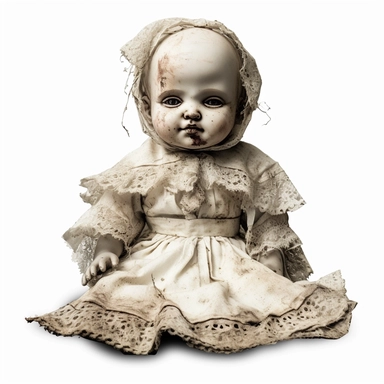 clipart image, cursed creepy porcelain baby doll, gothic colors, Victorian clothes, distressed, isolated white background, 8k