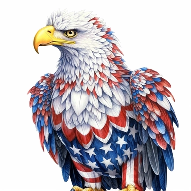 digital clipart, solid white background, a realistic martial patriotic eagle wearing 4th July apparel