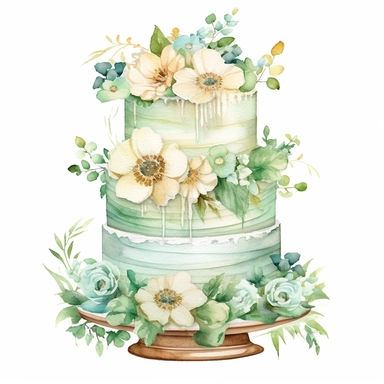 clipart, isolated on white background, Watercolor cake with flowers, green colored, ornated, pastel colors