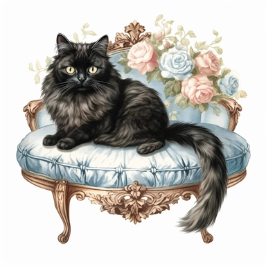 make a clipart of watercolor fairytale black fluffy princess cat with a tiara, laying on a blue victorian foot stool, and roses, rococo, shabby chic
