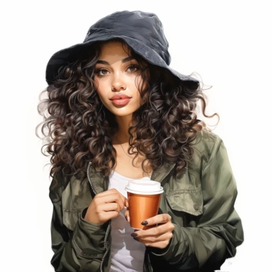 Hyperrealistic high detailed watercolor latina woman drinking coffee clipart, white background