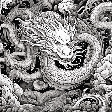 black and white coloring page for adults, lots of dragons , in the style of ominous vibe, monochromatic white figures, fine lines, creative commons attribution, wallpaper, childs drawing, animated exuberance, no shading, clipart