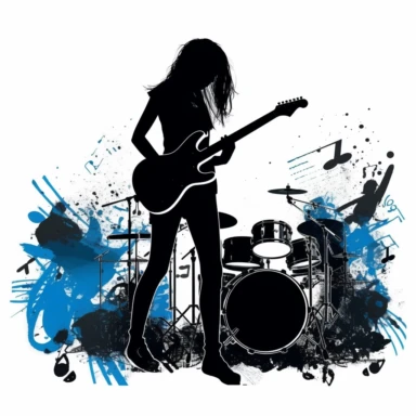 Music notes and instruments, a teenager (women) playing hardrock, silhouette, on stage, vector style graphic, cool vibe, clipart, single design, white background