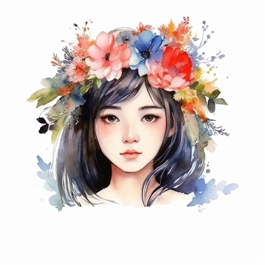 watercolor style, asian-origin girl with flowers on her head clipart, isolated on white background, hd
