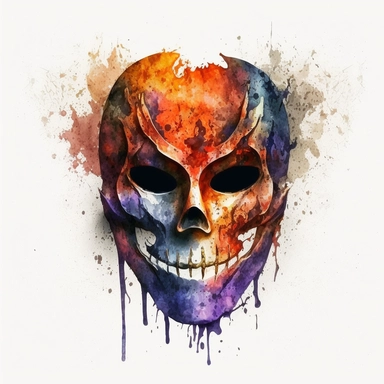 scary halloween mask watercolour tempera clipart illustration, vivid dark colours, clean, crisp, smooth, white background