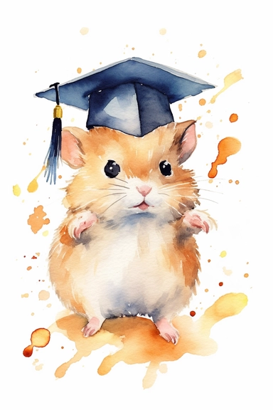 Create a watercolor clipart picture of a cute and happy hamster wearing a graduation cap. The hamster should have an adorable and delighted expression, with its fur depicted in soft watercolor textures. The graduation cap should be adorned with a tassel and placed on the hamster's head. Surround the hamster with celebratory elements such as confetti, balloons, and diplomas.