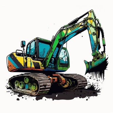 excavator drawing, in the style of a childrens book, graffiti, clipart, clear visible black edges, white background, harmonic colorful