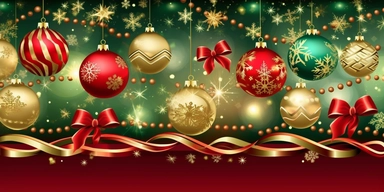 Christmas red and green with bokhe background, festive horizontal border. Golden bell. Assorted ornaments, green gold glass balls, stars, snowflakes, fir tree twigs, candy cane. Winter holiday clip art. Seasonal decor