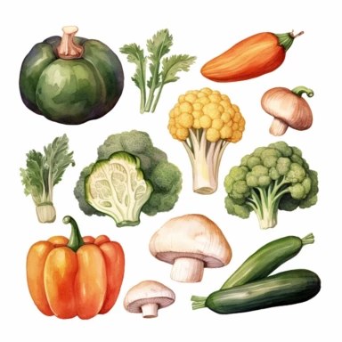 watercolor, Fresh organic vegetables set. Natural healthy food products. Different veggies, pumpkin, pepper, broccoli, carrot. Vegan agriculture harvest. png Full body realistic cartoon in 32K UHD cute. 15 cm thick outline. Black color. There was no shadow on the ground. 8k with realistic watercolors and detailed illustrations. PNG clipart, transparent white background